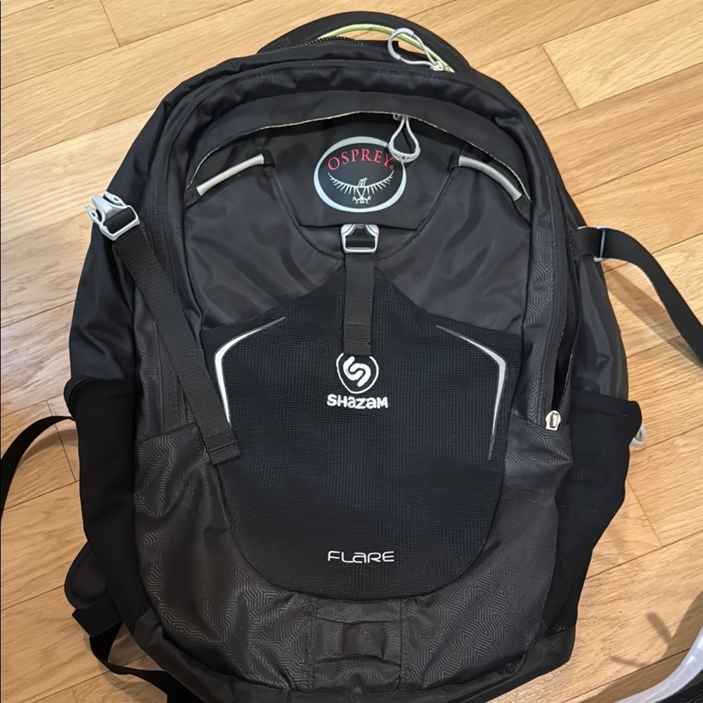 Shazam-branded Osprey Black Backpack with cool yellow neon lining